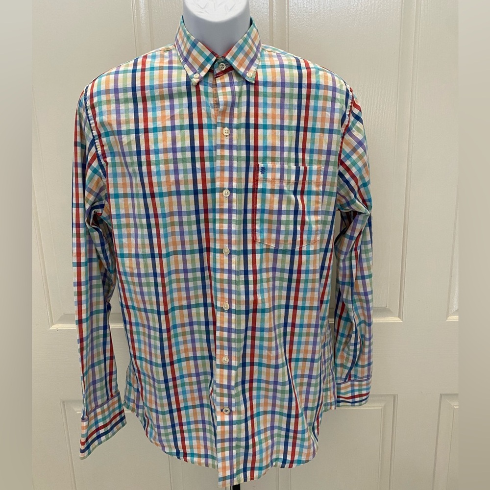 Izod Multicolor Checkered Button Long Sleeve Shirt Sz M